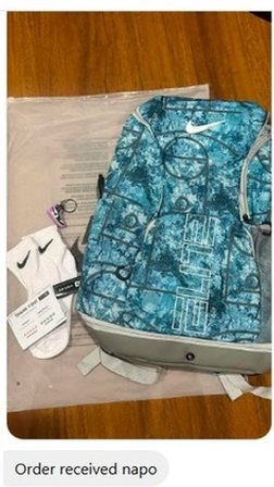 Buyer photo of their bag with the message: Order received napo